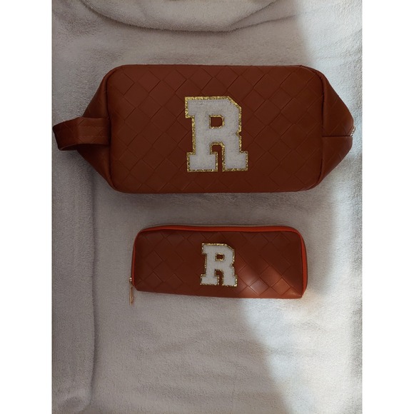 Letter R Cosmetic Bag Set Makeup Travel Toiletry Pouch Organizer Brown - Picture 1 of 4
